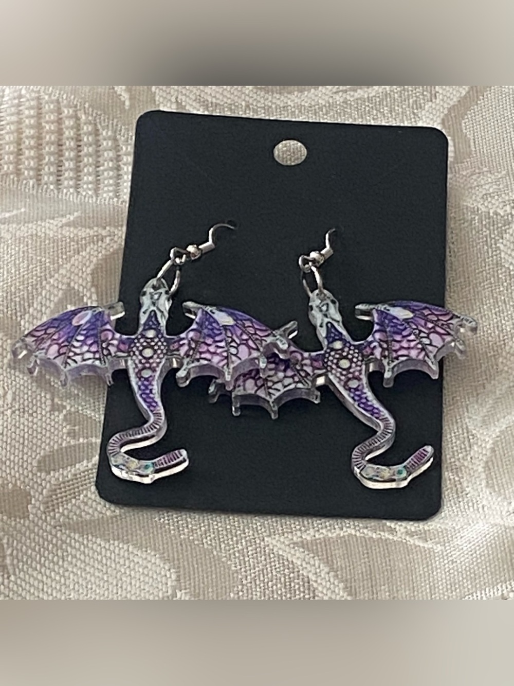 Purple Dragon Dragons Acrylic Dangle Earrings Pierced 2”H Goth Punk New NIP